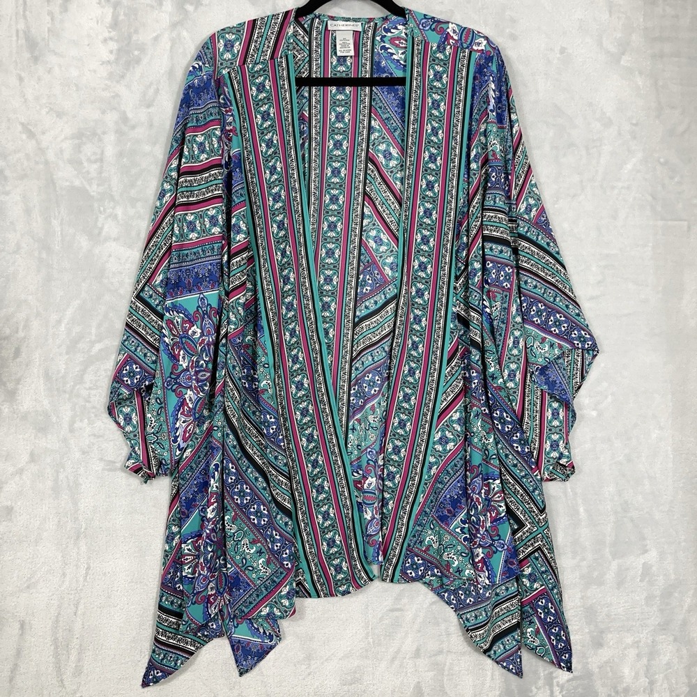 Catherines Kimono Open Front Cardigan 2X Paisley 3/4 Sleeve‎ Coastal Lagenlook